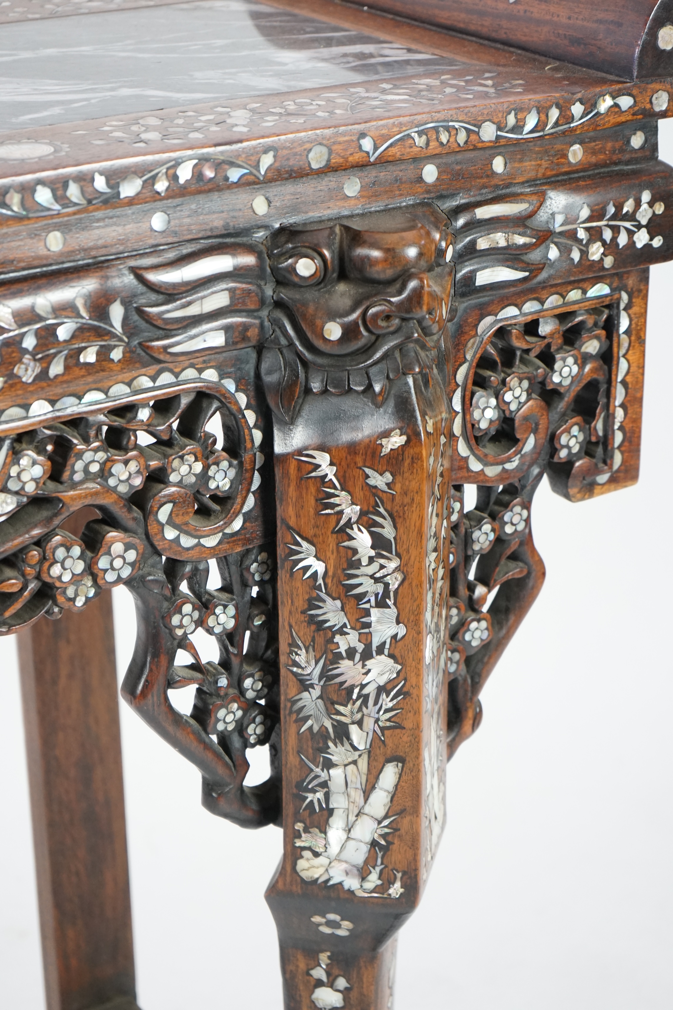 A good Chinese mother-of-pearl inlaid and marble topped hongmu altar table, late 19th/early 20th century